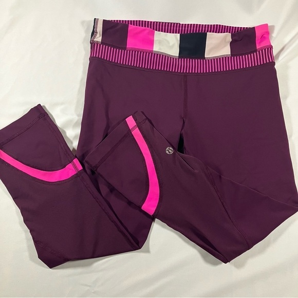 Lululemon Run Inspire Crop II Plum Pow Stripe Raspberry Glo Light Hyper Stripe 6 - Picture 7 of 10